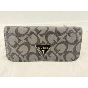 GUESS Logo Print Long Clutch Wallet Charcoal Black Triangle Logo Plaque